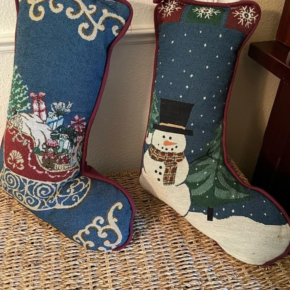 Vintage Tapestry Stocking Pillows Snowman Themed set of 2!